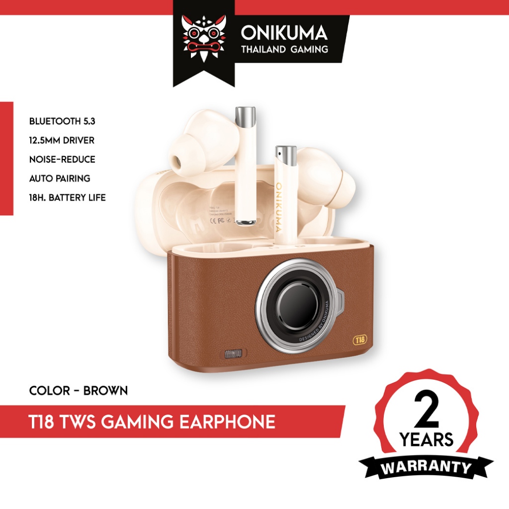 ONIKUMA T18 Gaming Earphone หูฟังไร้สาย พร้อมเคสชาร์จรูปกล้อง Bluetooth 5.3 ตัดเสียงรบกวนได้ดี