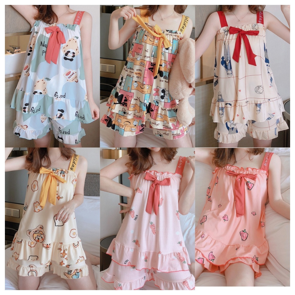 🌜🌜ชุดนอนลายการ์ตูน ชุดนอน lovelynight เสื้อแขนกุด+กางเกงขาสั้น ชุดใส่สบาย ราคาถูก จัดส่งจากประเทศไทย（H9318）