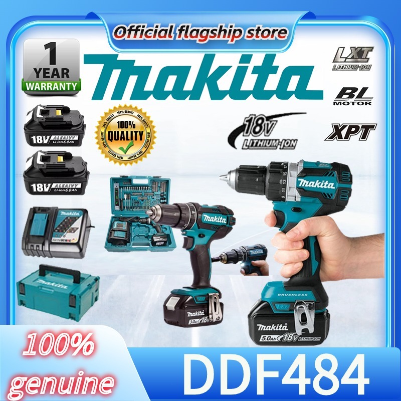 (COD & ของแท้) Makita DDF484 18V 6.0Ah สว่านกระแทกไร้แปรงถ่าน, แบตเตอรี่ลิเธียมแบบชาร์จไฟได้, ไขควงไฟฟ้ามัลติฟังก์ชั่น