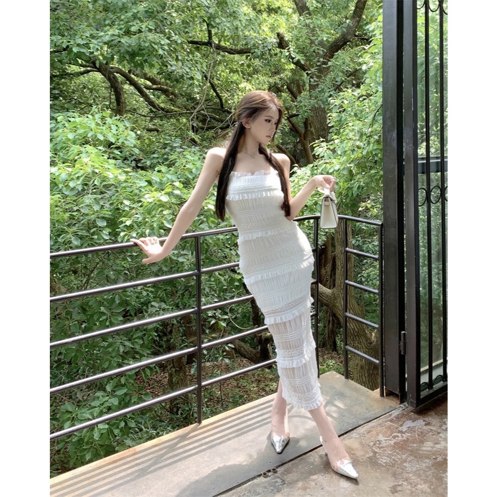 พร้อมส่ง เดรสยาว สายเดี่ยว เดรสคุณหนู สีขาว สวยมาก แต่งเลเยอร์ น่ารักกกก