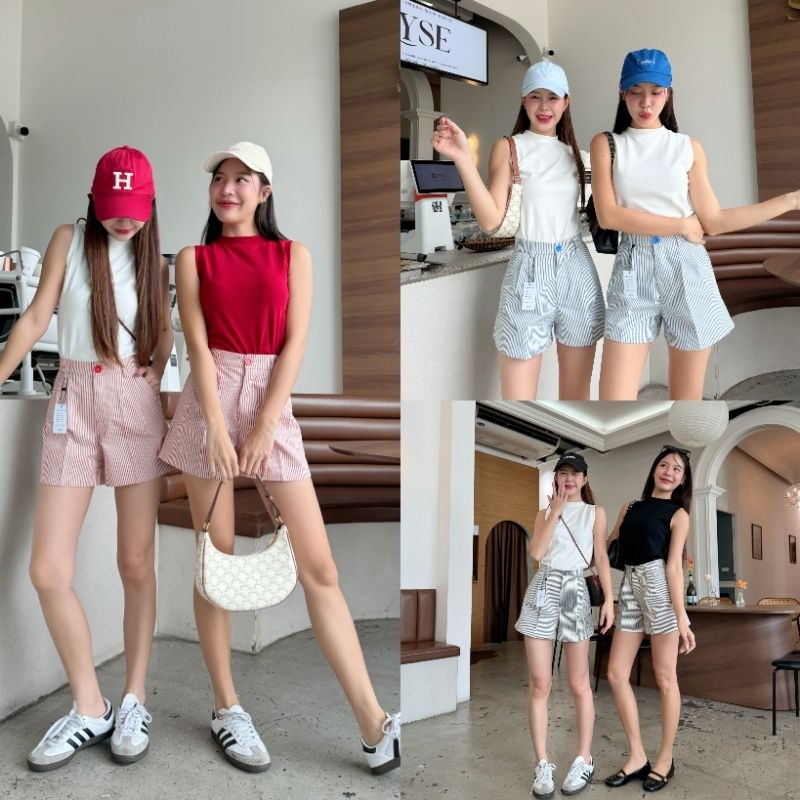 A.COTTON SHORT PANTS ขาสั้นกระดุมหน้าลายริ้ว