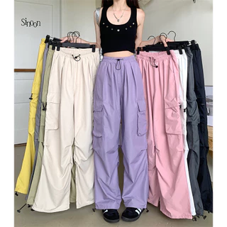 12สี กางเกงคาร์โก้ผู้หญิง กางเกงเอวสูง สไตล์เกาหลี ปลายขามีสายเชือก กระเป๋าตรง 2ใบ #150254