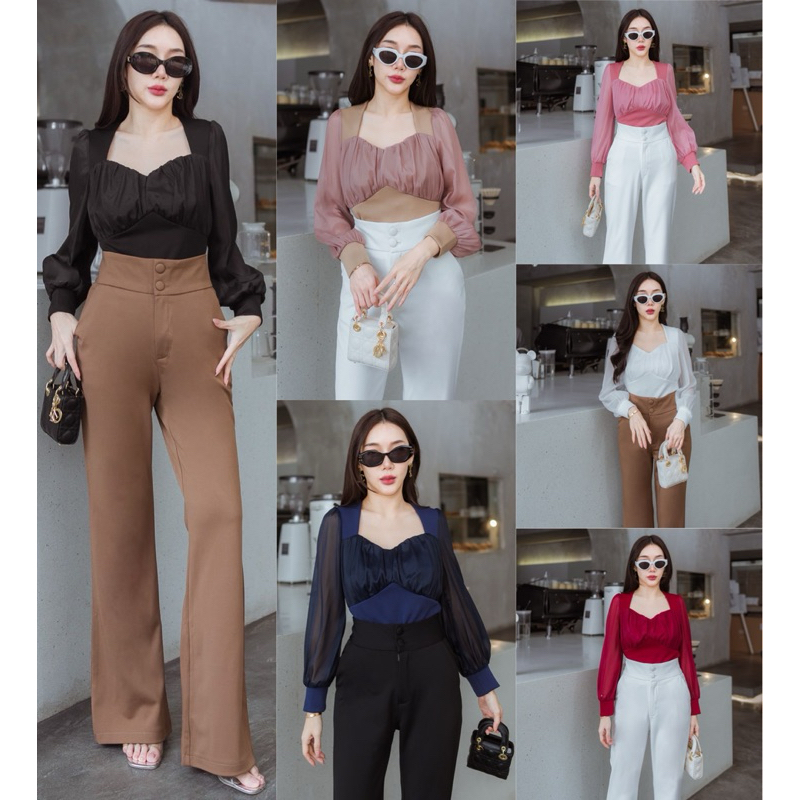 [ลด 20% กรอกโค้ด INC694OD] 150 เสื้อคอเหลี่ยมแต่งอกและแขนผ้าชีฟองเกาหลีเนื้อนิ่ม