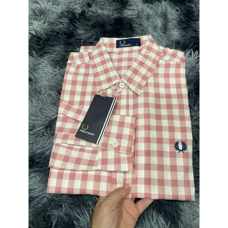 Fredperryลายสกอตชมพูขาวชมพูผ้าอ๊อกฟอตยิ่งซักยิ่งนิ่ม