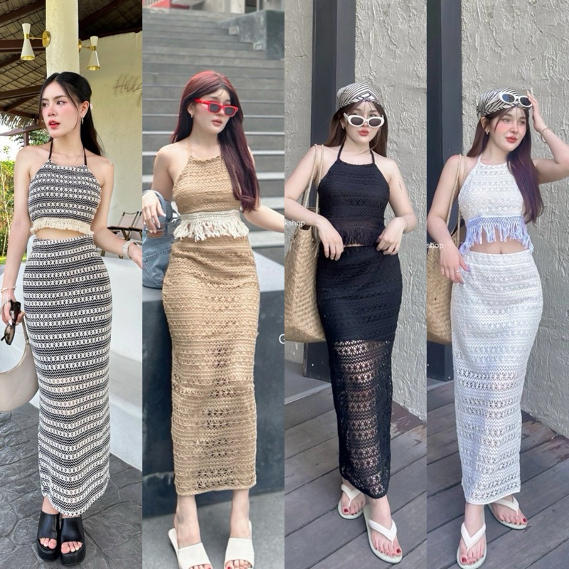 Teera❤️พร้อมส่ง✨2ชิ้น🌸เสื้อผูกคอผูกหลังปรับขนาดตัวได้💖กระโปรงซิปข้าง ผ้าถักเย็บซับด้านใน ใส่ไม่ร้อน goodluck