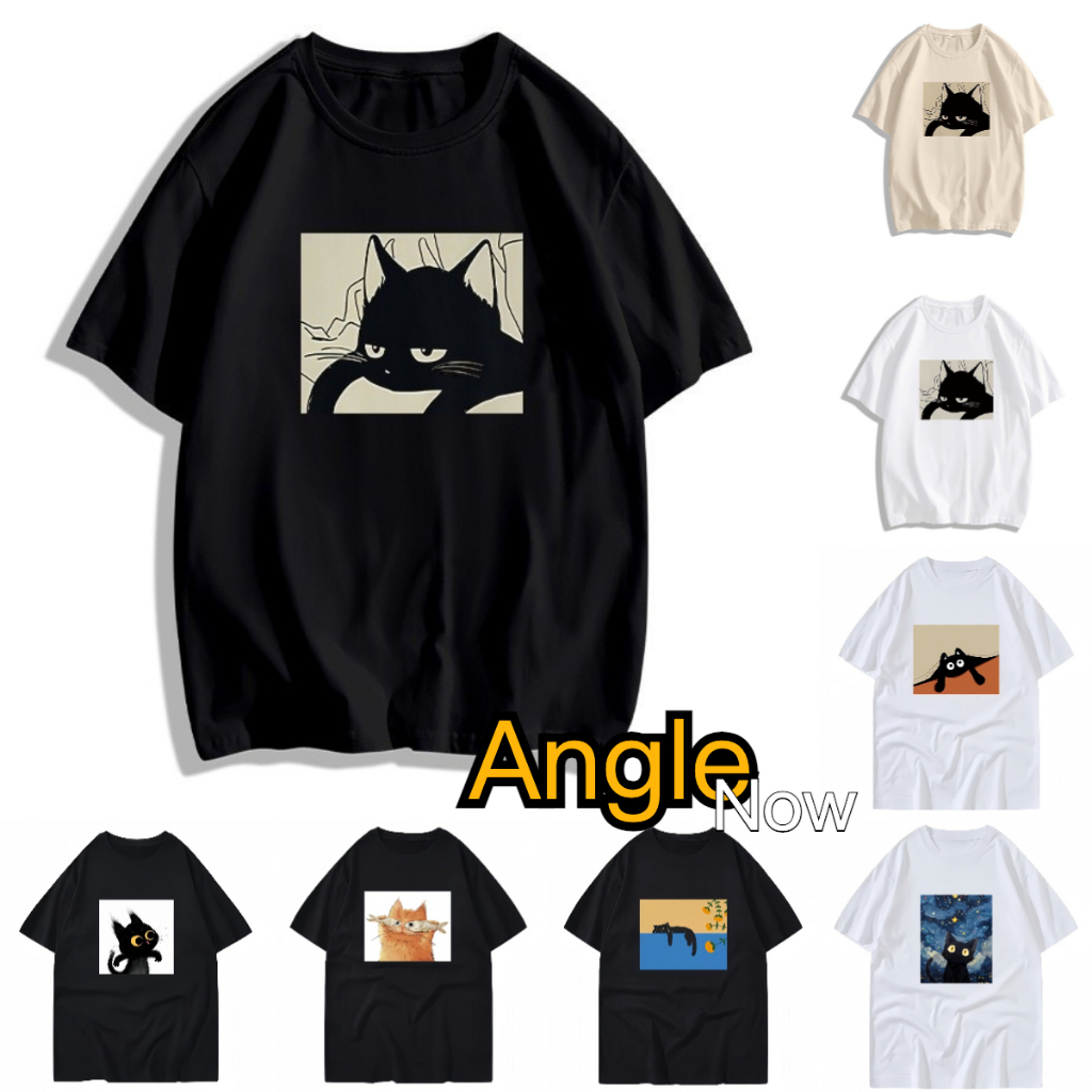[ส่งจากโรงงาน]ออก24ชั่วโมง Angle House print T-shirt，แมวน่ารักเรียบง่ายพิมพ์เสื้อยืดแขนสั้น