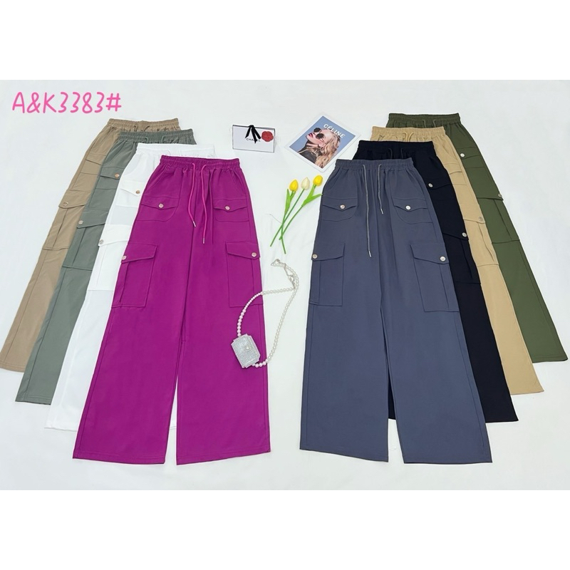 รหัส3383กางเกงคาร์โก้ผ้าร่มยืดผ้าโพลีเอสเตอร์ฟรีไซส์เอวสูงผู้หญิงงานป้ายA&Kรหัส3383