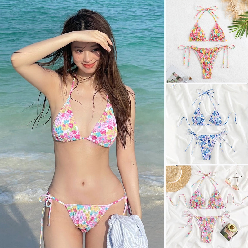 swim girlบิกินี่2ชิ้น ลาย ดอกไม้ ผูกเชือก สไตล์เซ็กซี่ ชุดไปทะเล.#0144