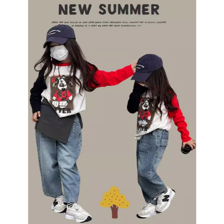 LLT-09 เสื้อยืดแขนยาวสลับสีดำ แดง สกรีนลาย สายเท่ห้ามพลาด ใส่ได้ทั้งผู้ชายและผู้หญิง (ขนาด 100-160)