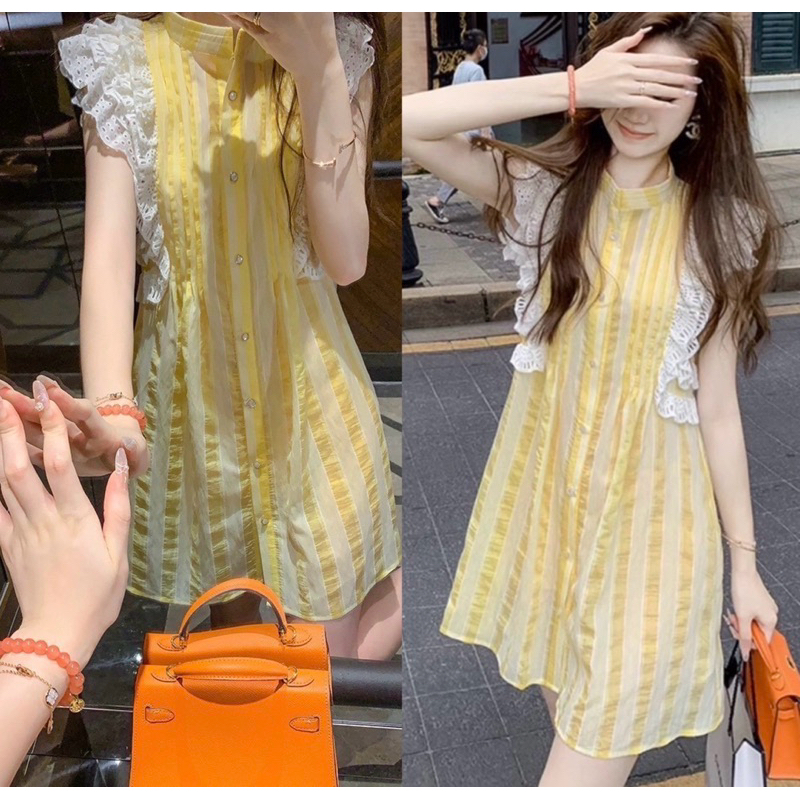 sirin studioเดรสเยลโล่ดีเทลแขนระบายฉลุลูกไม้F29