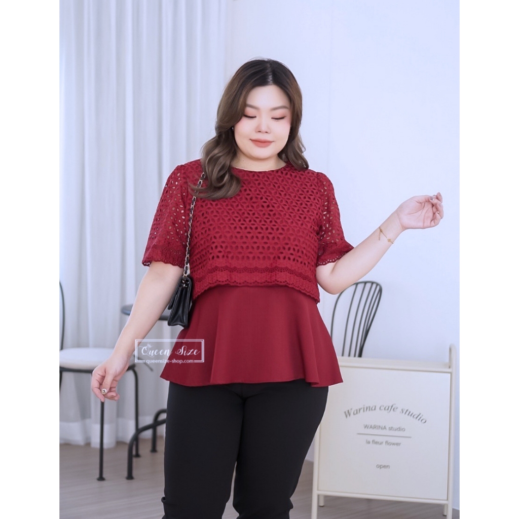 Mira-สีแดง เสื้อผ้าลูกไม้Cottonฉลุเนื้อดี ไซส์ใหญ่อก 42 44 46 48 และ50นิ้ว ใส่ทำงาน งานสุภาพ