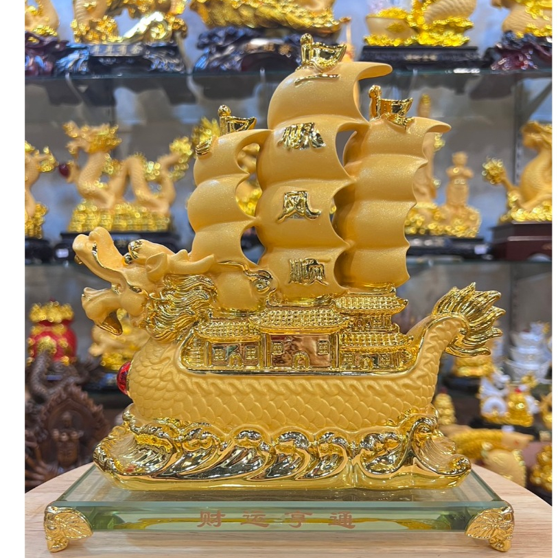 เรือสำเภา มังกร สำเภาหัวมังกร เรือหัวมังกร เรซิ่นทรายทอง ฐานกระจก ขนาด10นิ้ว การค้าขายรุ่งเรือง เสริมการเงิน
