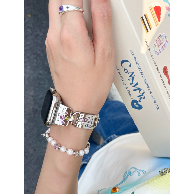 (พรี) Crystal metal watch strap from Conamor สายนาฬิกาเหล็กฝังเพชรพิมพ์ลายแมว