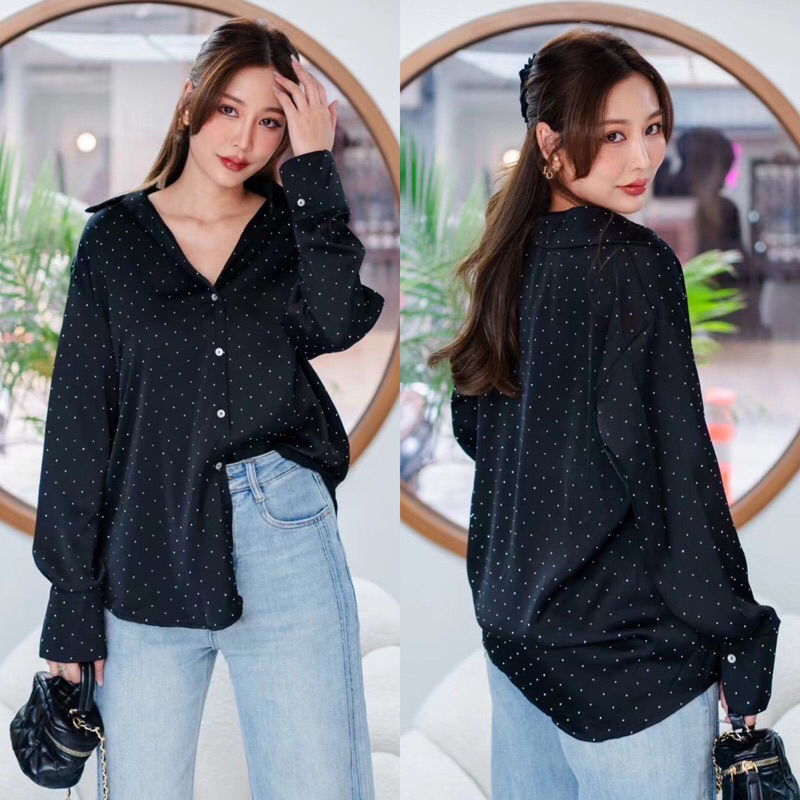 Lady_Sakura 6389-1/CC#เสื้อเชิ้ตคอปกแขนยาวโอเวอร์ไซด์ งานเพชร & กลิตเตอร์สีพื้น แฟชั่นสําหรับผู้หญิง