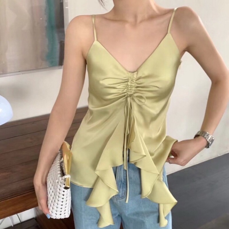 Lady_Sakura 0780/BH#เสื้อสายเดี่ยว(Size-mini)รูดอกแต่งระบายหน้า งานซิปข้าง สายปรับความยาวได้