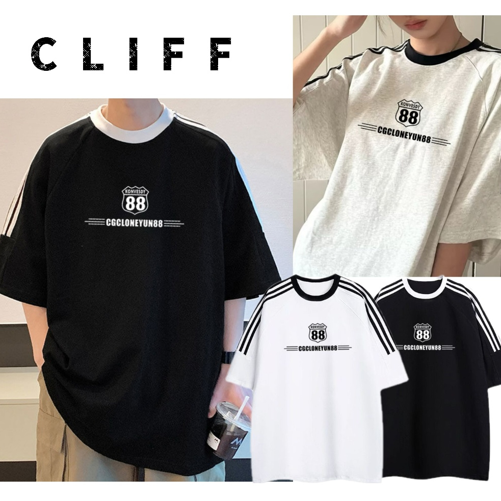 CLIFF ฤดูร้อนด้านล่างด้านบนชายเสื้อยืดแขนสั้นคลาสสิกลายปักไหล่ออกแบบสบาย ๆ ร้อยแขนสั้น