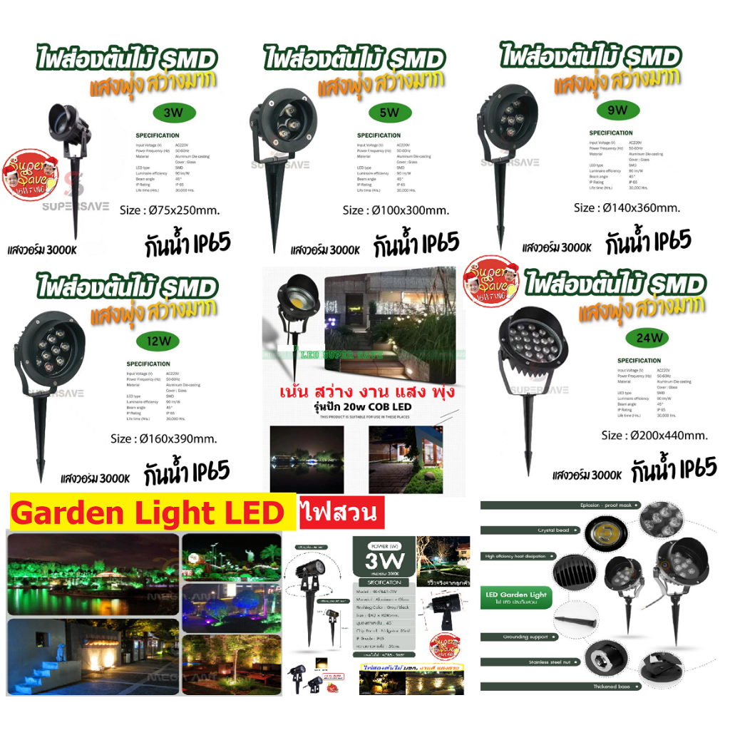 ไฟปักสวน 24w 18w 12w 9w ไฟส่องต้นไม้  LED กันน้ำ กันฝน งานสเปค โครงสร้างอลูมิเนียมหนา ทนแดด ต่อไฟตรง 220v SMD เน้นกระจาย