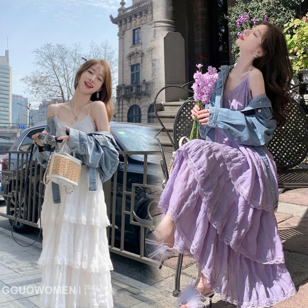 lucky yjเดรสผู้หญิง ฤดูร้อนใหม่สไตล์เกาหลีบรรยากาศเฉพาะคุณภาพฝรั่งเศษ กระโปรงเค้กแบบสวย