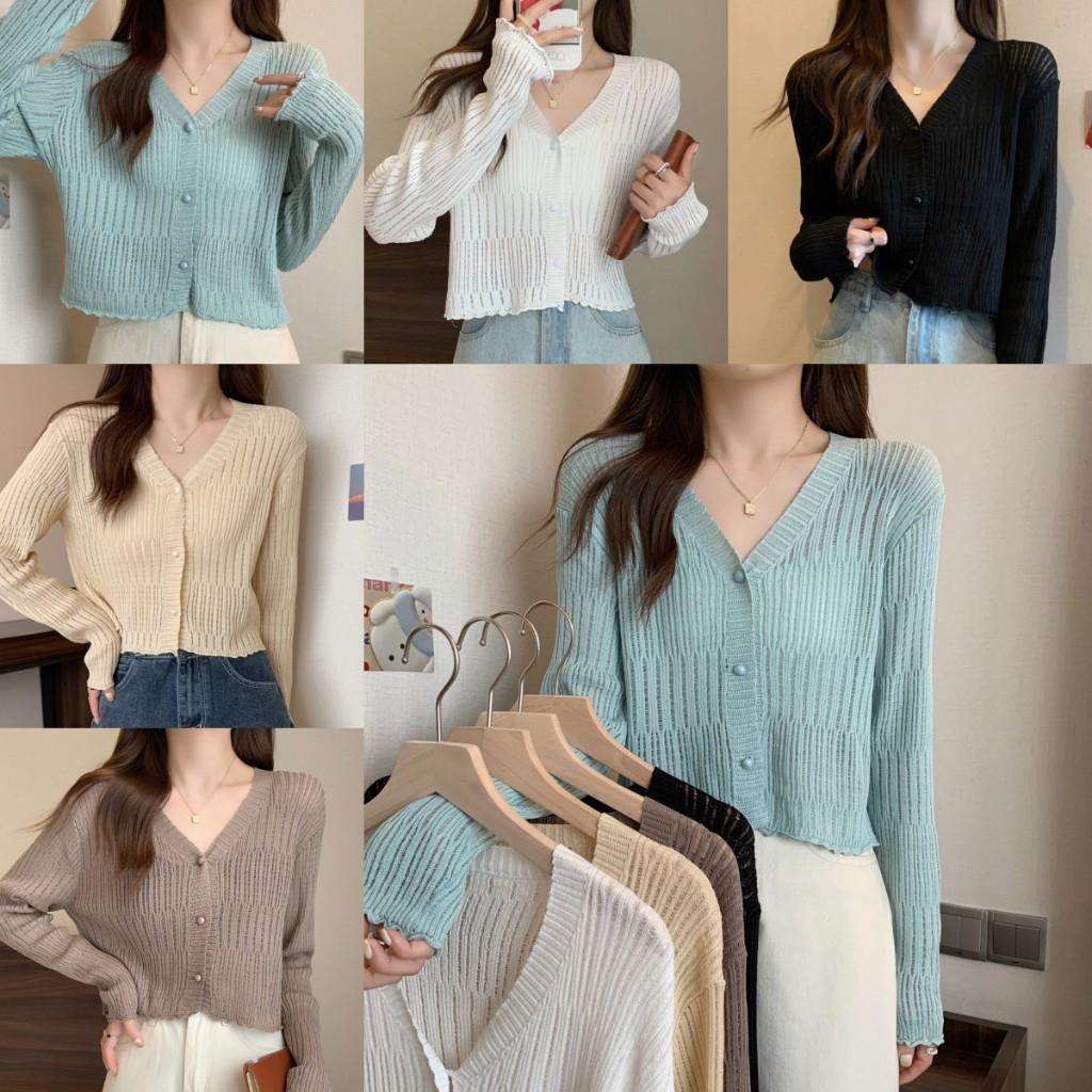 เสื้อคาร์ดิแกน เสื้อแขนยาวไหมพรม คอวี ขอบเชื้อรา สไตล์สาวเกาหลี#22182