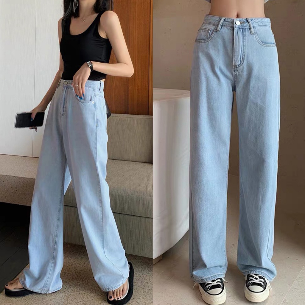 งานเกาหลี ยีนส์เอวสูงทรงบอย ทรงกระบอกใหญ่ ผ้าดีใส่สบาย
