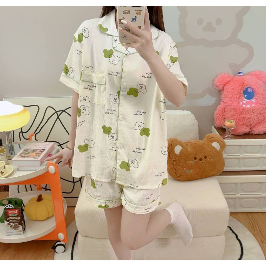 ชุดนอนสไตล์เกาหลี 2XL เสื้อแขนสั้น กางเกงขาสั้น (ผ้าไหมเกาหลี)