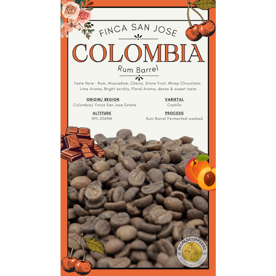 พร้อมส่ง เมล็ดกาแฟดิบ Colombia Rum Barrel fermentation washed process/ เมล็ดกาแฟนอก/ เมล็ดกาแฟสารโคลัมเบีย