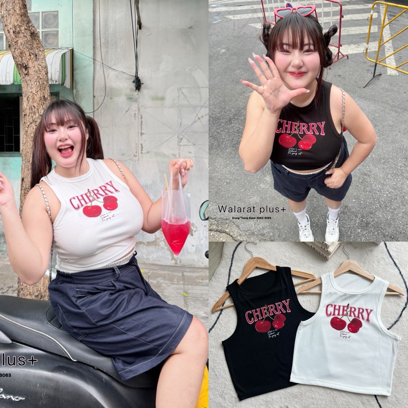 /WP/ เสื้อกล้ามแขนเว้า สกรีนเชอรี่ เสื้อผ้าพลัสไซส์ สาว อ้วน พลัสไซส์