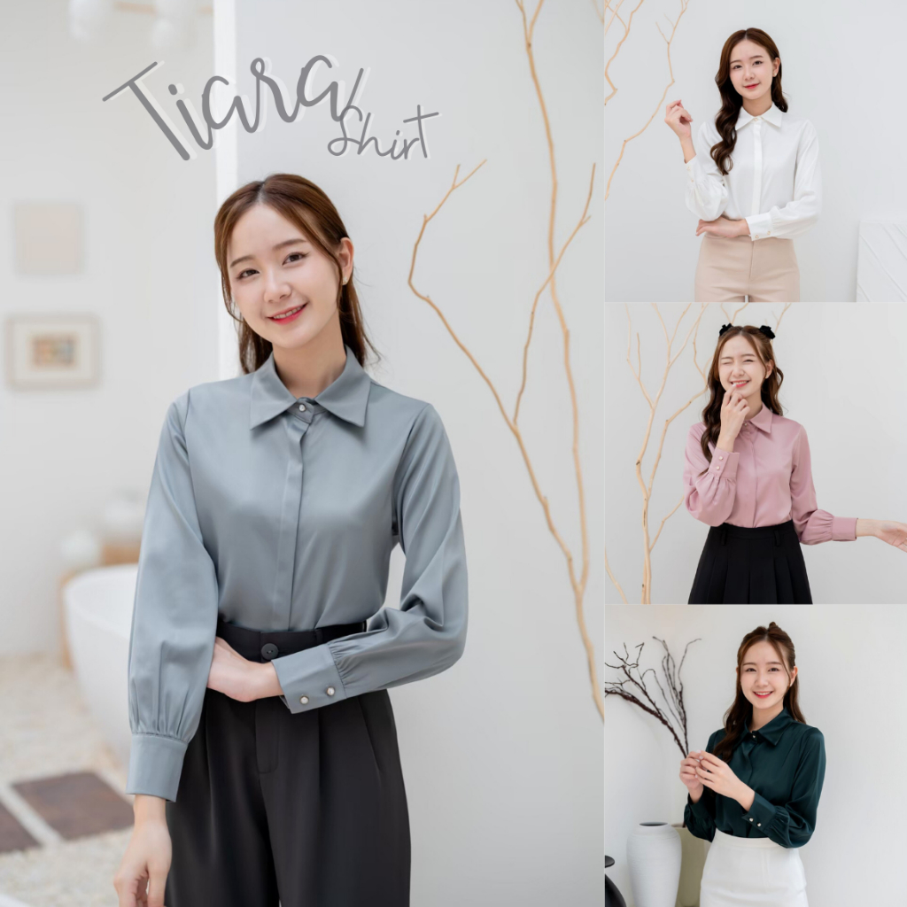 Onceandtwice | Tiara Shirt เสื้อเชิ้ตแขนยาว เสื้อเชิ้ตทำงาน ผ้าซาตินพรีเมี่ยม สวยหรู ดีเทลกระดุมเพชร ใส่สบายมากๆ มี 4 สี