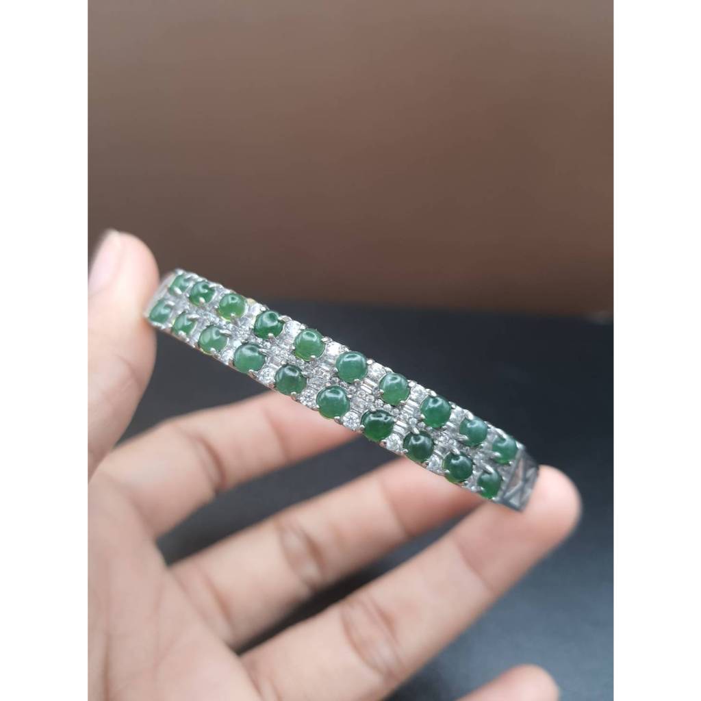 J318 กำไลหยกพม่าเจไดต์ Type A ตัวเรือนเงินแท้ 925