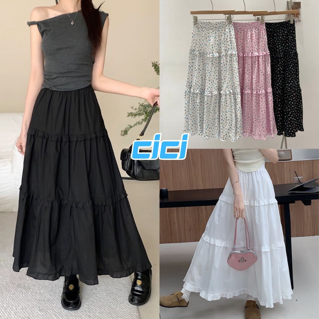 ส่งทันที Cici (NO. 4011)กระโปรงยาวแต่งชั้นระบาย เอวสม็อค มีซับในบางๆ สไตล์เกาหลีอ่อนหวาน