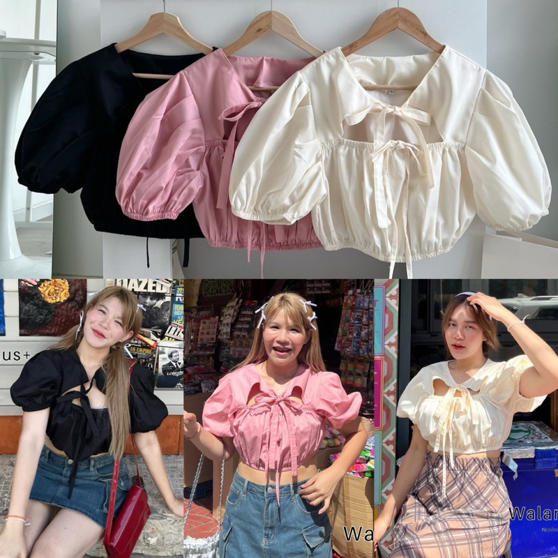 /WP/ เสื้ิอสาวอวบ แต่งสายผูกโบว์ แขนจับจีบตุ๊กตา น่ารักมาก เสื้อผ้าพลัสไซส์ สาว อ้วน พลัสไซส์ plussize