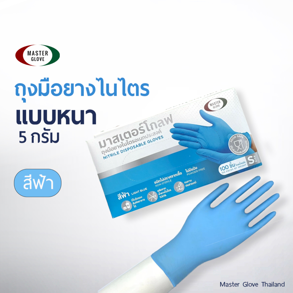 Master Glove ถุงมือไนไตร สีฟ้า หนา 5.0 รุ่นหนาพิเศษ ทนเคมี ไม่มีแป้ง (Food Safe) 100 ชิ้น/50 คู่