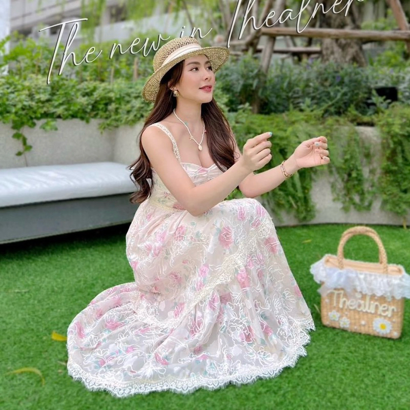 เดรสกระโปรงยาวลายดอกไม้ ไซส์ L พร้อมส่ง J227