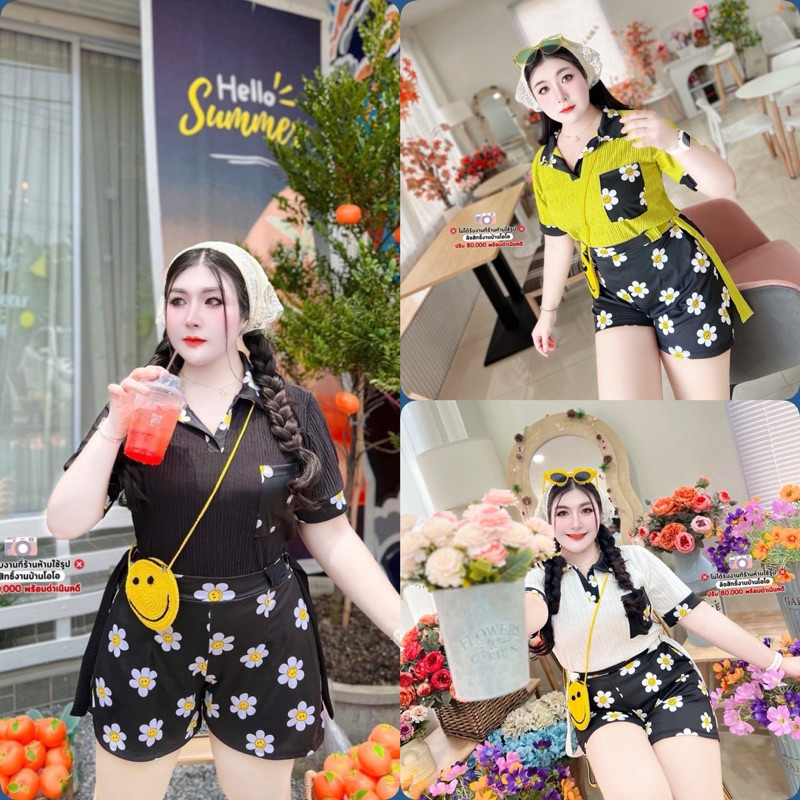 P40-S3S1🌷 ✿.เซต2ชิ้น แต่งกระเป๋าลายดอกยอดฮิต   ตัวเสื้อผ้ายืดใส่สบาย ทรงคอปก เดซี้