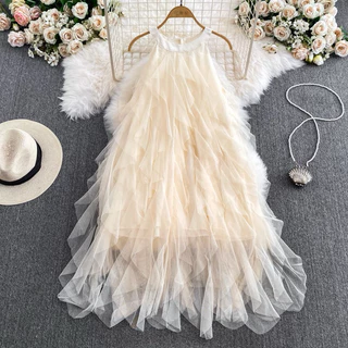 Dressgril.9 เดรสคอกลมแขนกุด ผ้าตาข่าย
