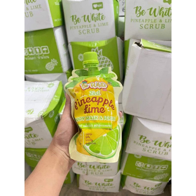 !แพ็คเกจใหม่!🍍สครับสับปะรดมะนาว🍋 บีอีไวท์ BE WHITE PINEAPPLE & LIME BODY MASK & SCRUB 500 g.