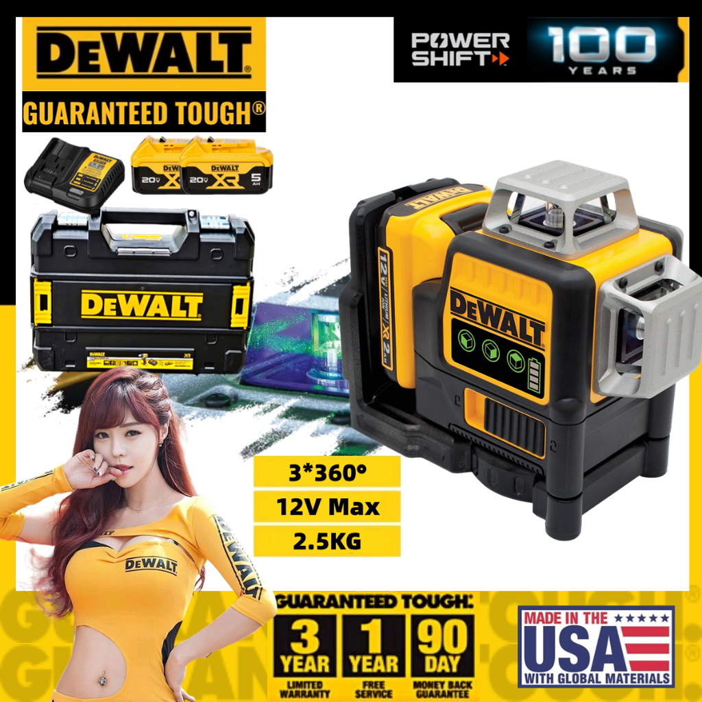 DEWALT DW089LG 12V แบตเตอรี่ลิเธียมไฟเขียว 3 ขั้นตอน 12 เส้นเครื่องวัดระดับเลเซอร์ในร่มและกลางแจ้ง