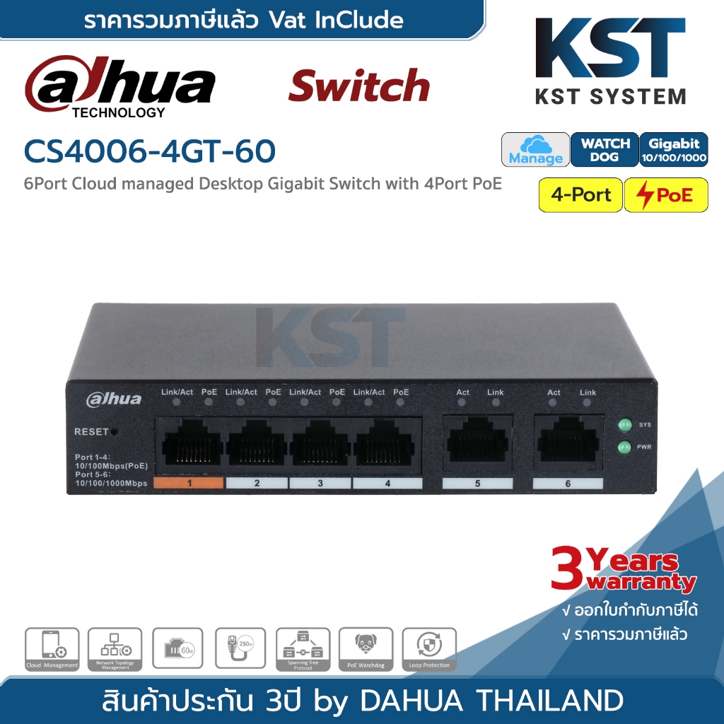 CS4006-4GT-60 Dahua 6-Port Cloud Managed Desktop Gigabit Switch with 4-Port PoE