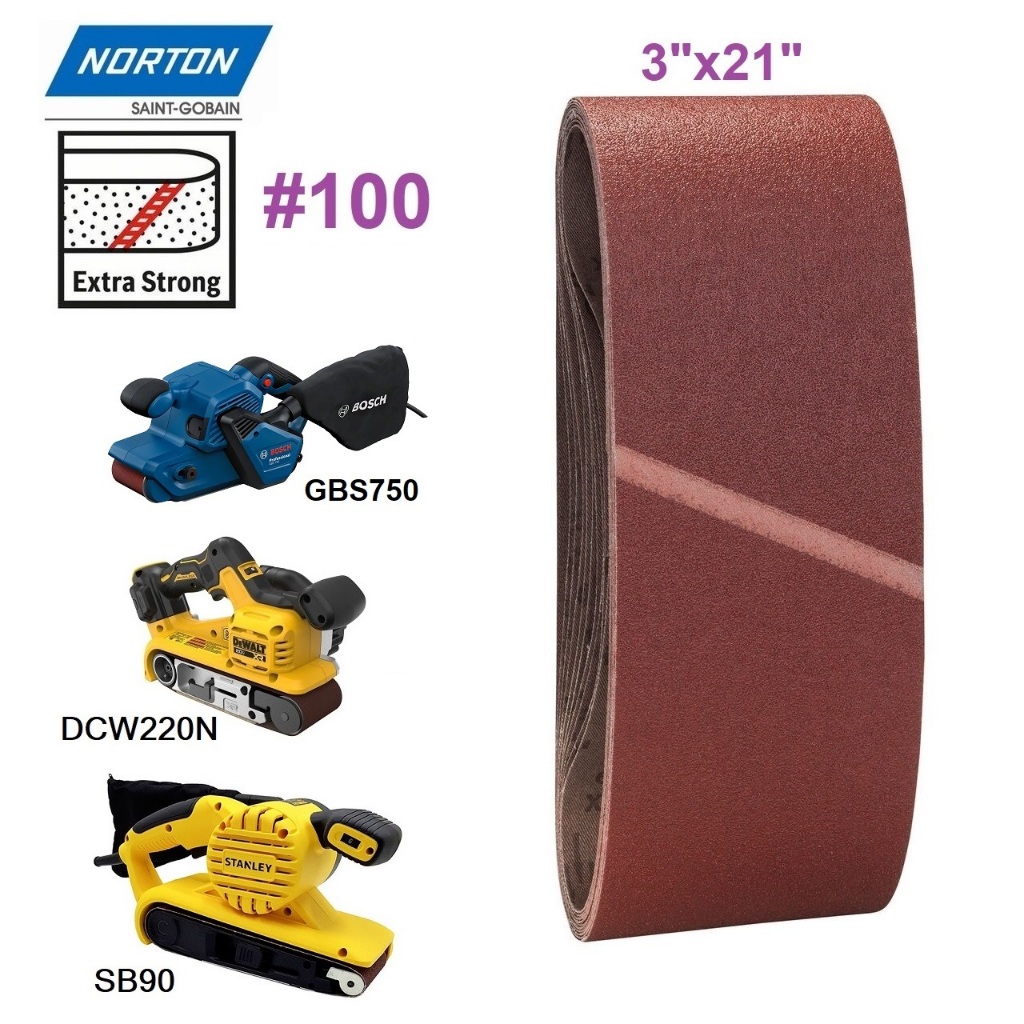 NORTON ผ้าทรายสายพาน รุ่น 3X21#100 ( ขายเป็นแผ่น ) ใช่งานกับนุ่น SB90 / DCW220N / GBS750 / 9403 ของแ