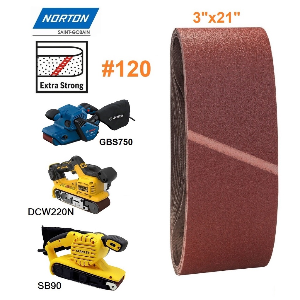 NORTON ผ้าทรายสายพาน รุ่น 3X21#120 ( ขายเป็นแผ่น ) ใช่งานกับนุ่น SB90 / DCW220N / GBS750 / 9403 ของแ