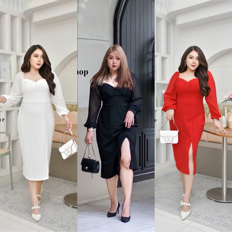 /FT/ เดรสสาวอวบ ต่อแขนชีฟอง เย็บทรงอก ผ่าหน้า เก็บทรงสวย เดรสไซส์ใหญ่ สาว อ้วน พลัสไซส์ อก40-52