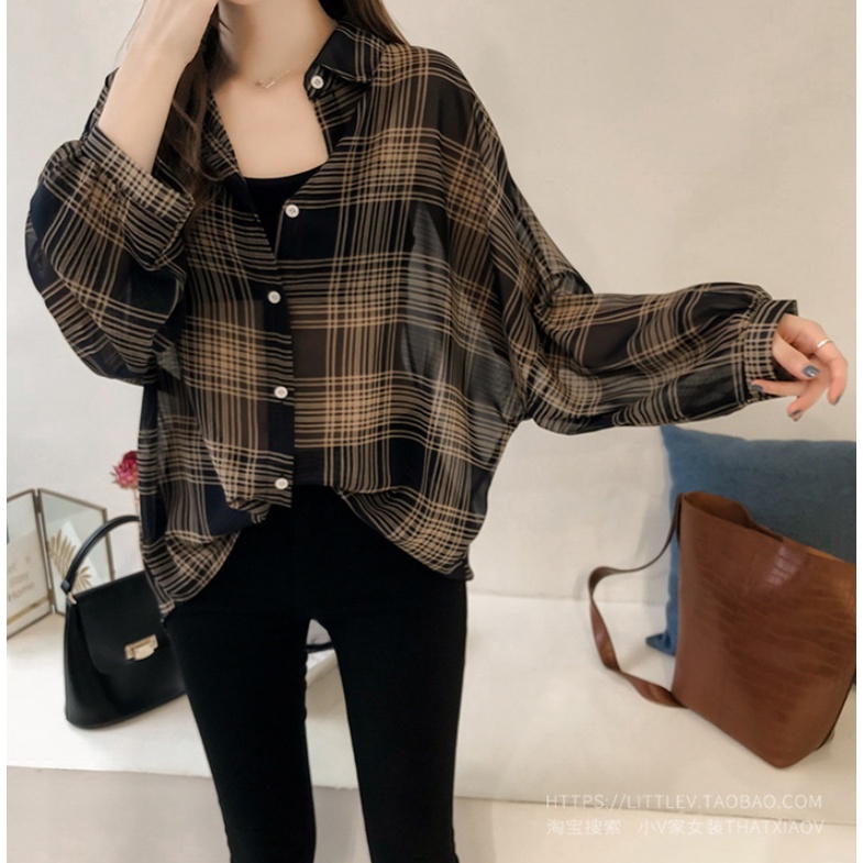 พร้อมส่ง 24ชม. เสื้อเชิ้ตไซส์ M-4XL ผ้าชีฟอง แขนยาว ลายสก๊อต สไตล์เกาหลี สำหรับผู้หญิง ใส่สบาย มี 2 สี สีดำ/สีครีม