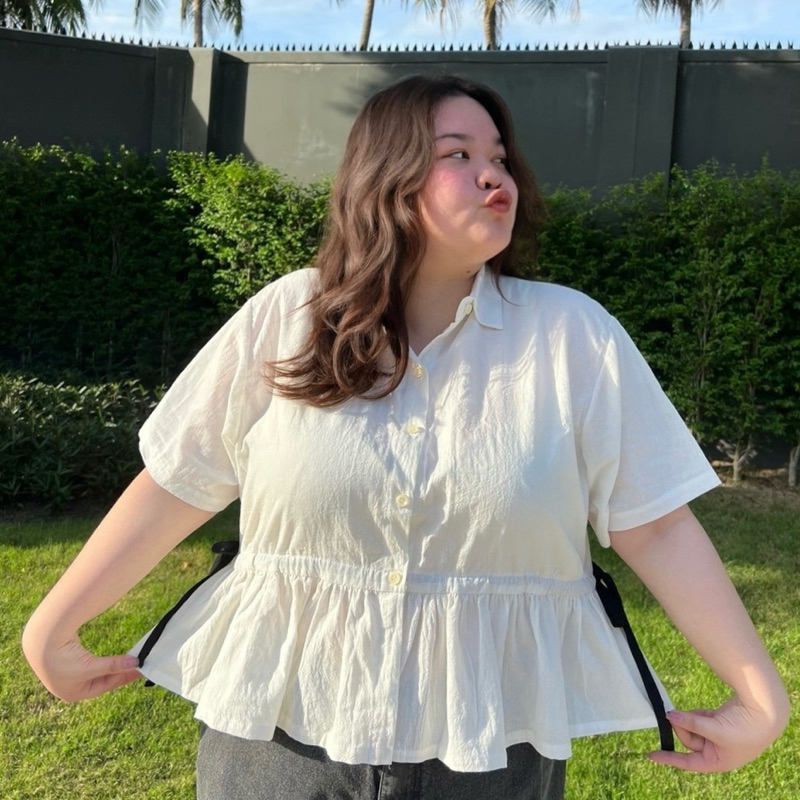 *•  Donuts Two Tone  •* (เสื้อเชิ้ตจั๊มพ์เอว สาว plus size อกได้ถึง 56“) – โปรปัง