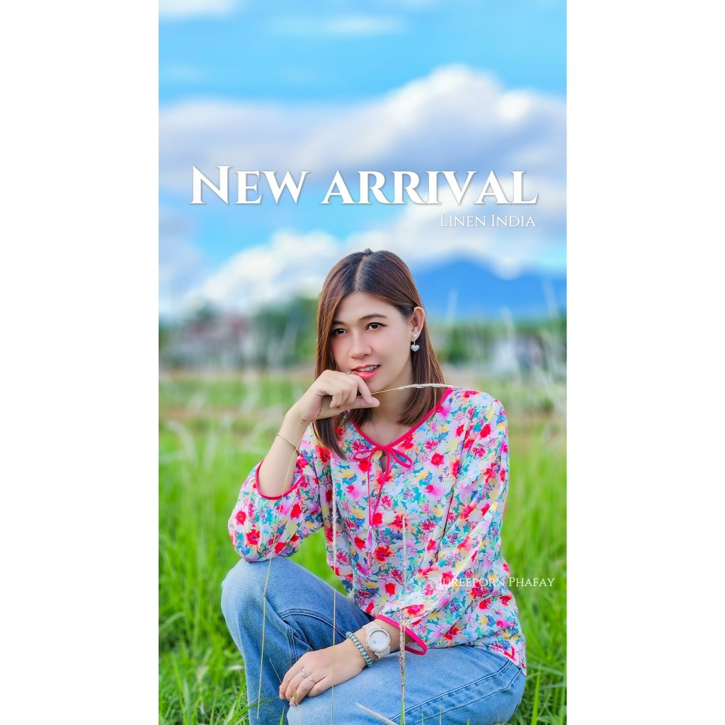 เสื้อคอกลม เชือกผูก เนื้อผ้าลินินอินเดีย สีสันสดใส แขน 3 ส่วน