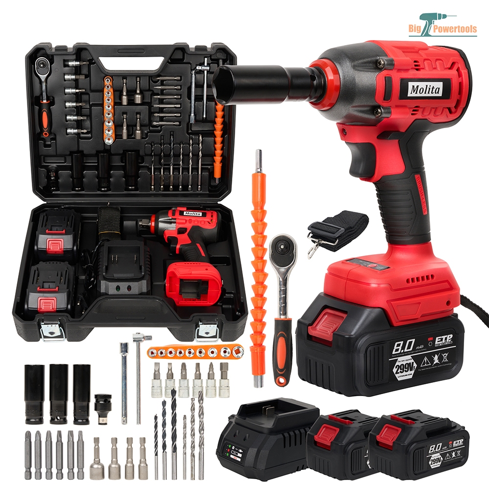 MOLITA บล็อกแบตเตอรี่ 299V แบตเตอรี่  2ก้อน รุ่น 520 นิวตัน บล็อกแบต บล็อกไร้สาย บล็อกไฟฟ้า อุปกรณ์ 45 ชิ้น รุ่นสีแดง