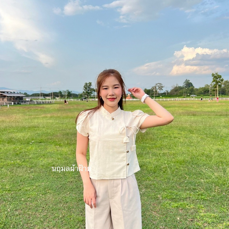 เสื้อผ้าฝ้ายพื้นเมืองคอจีนดอกทิวลิปแขนบัว