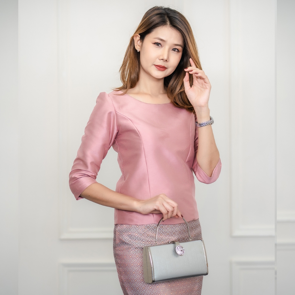 เสื้อไหมอิตาลีแขนสามส่วน คอกลม ไหมอิตาลี ใส่ทำบุญ งานบวช BR Voguish - รูปที่ 2