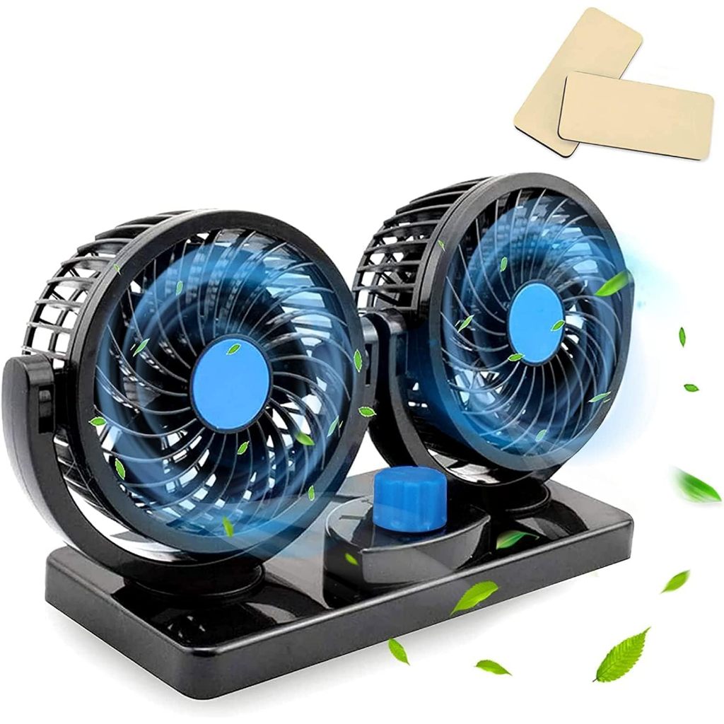 พัดลมติดรถยนต์ หัวคู่ ปรับหมุนได้ 360 องศา 12V, 24V ลมแรง สบาย