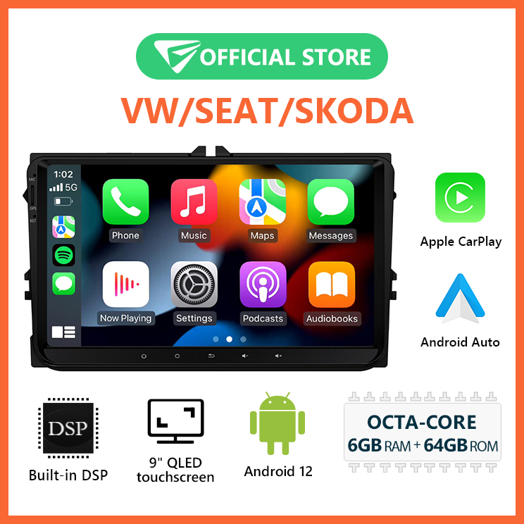 เครื่องเล่นรถยนต์ Eonon Volkswagen VW Seat Skoda Android 12 พร้อม Apple CarPlay และ Android Auto QLE