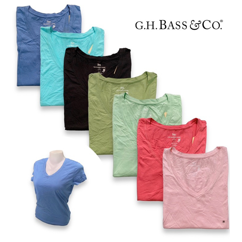 G.H. bass & co. (ฏ/2) เสื้อยืดคอวี แขนสั้น ผู้หญิง ผ้าคอตตอน 100%